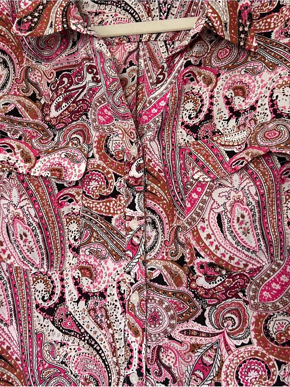 Talbots XL Pink Brown Paisley Long-Sleeve Button Blouse Collar chest pockets - Picture 3 of 6